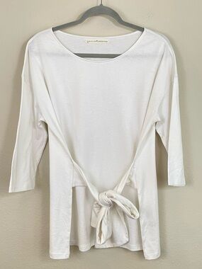 Peruvian Connection Pima Cotton White Tie-Front 3/4 Sleeves Top Size Large